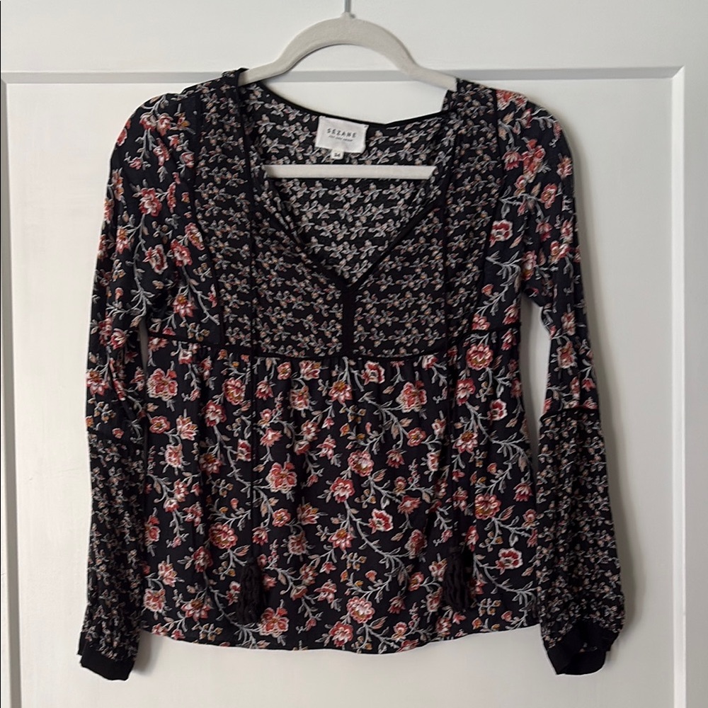 Sezane Black Floral Long-Sleeve Peasant Top XS 34